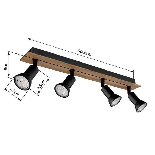 Globo Strahler Drew 4-flammig GU10 Dunkelbraun Holz 50x9cm