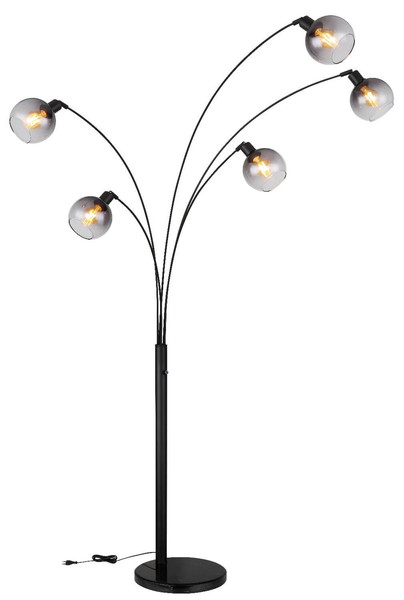 Globo Stehleuchte Seymour 5-flammig E27 Schwarz matt rauchfarben Metall Glas 208cm
