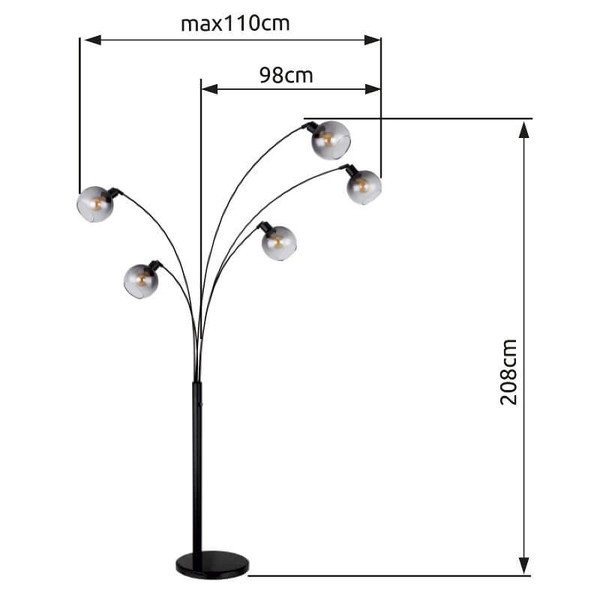 Globo Stehleuchte Seymour 5-flammig E27 Schwarz matt rauchfarben Metall Glas 208cm