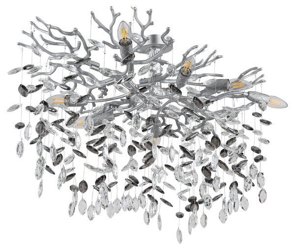 Globo Deckenleuchte Queena 7-flammig E14 Silberfarben matt rauchfarben Metall Glaskristalle 85x50cm