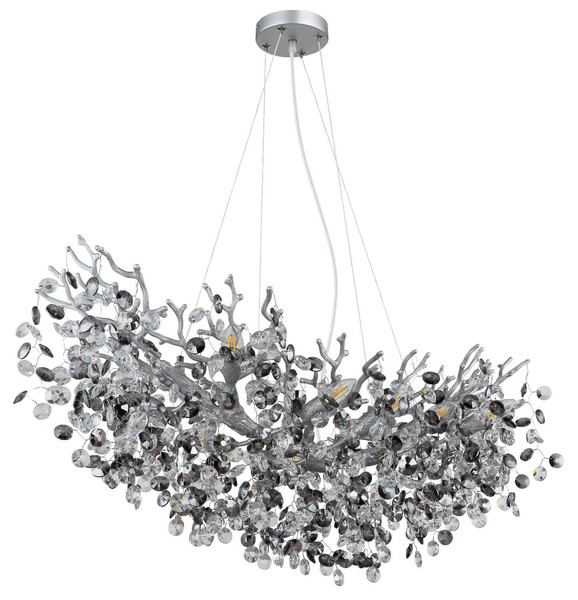Globo Kronleuchter Queena 10-flammig E14 Silberfarben matt rauchfarben Metall Glaskristalle 120x100cm