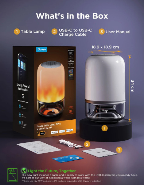 Govee Tischlampe 2 Pro Sound by JBL - Smarte Tischleuchte RGBICWW + Lautsprecher mit Musik-Sync H60200F1