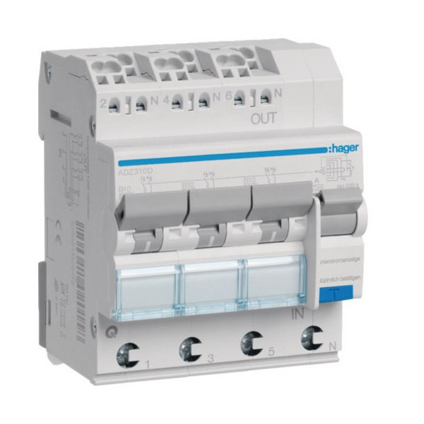 Hager ADZ310D Fehlerstrom-Leitungsschutzschalter 3X 1PN 6kA B-10A 30mA Typ A QuickConnect