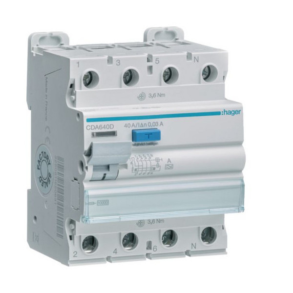 Hager CDA640D Fehlerstromschutzschalter 4 polig 10kA 40A 30mA Typ A