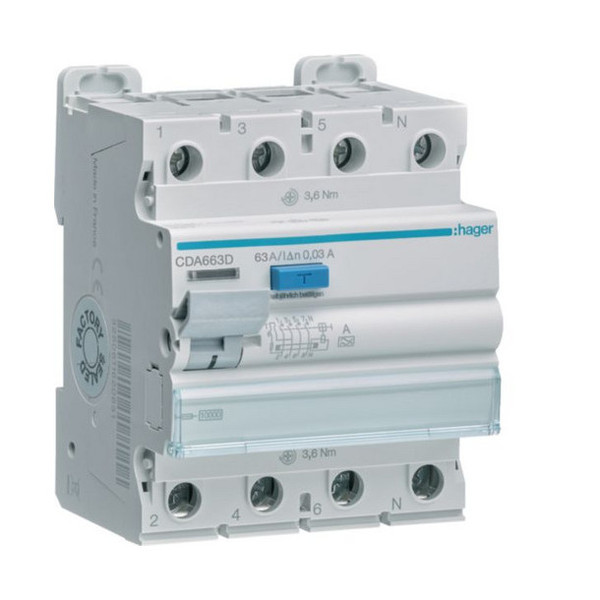 Hager CDA663D Fehlerstromschutzschalter 4 polig 10kA 63A 30mA Typ A