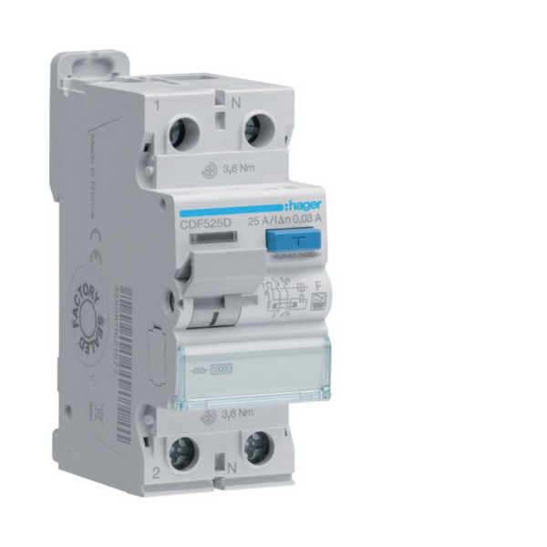 Hager CDF525D Fehlerstromschutzschalter 2 polig 10kA 25A 30mA Typ F