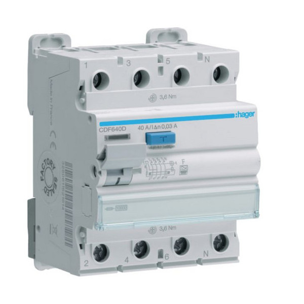 Hager CDF640D Fehlerstromschutzschalter 4 polig 10kA 40A 30mA Typ F