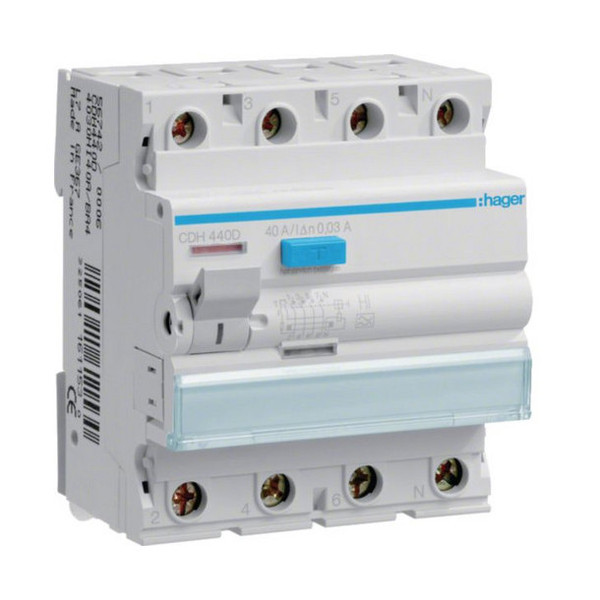 Hager CDH440D Fehlerstromschutzschalter 4 polig 6kA 40A 30mA Typ A HI stoßstromfest