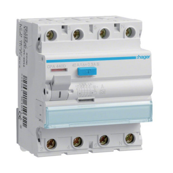 Hager CPA440D Fehlerstromschutzschalter 4 polig 6kA 40A 300mA Typ S selektiv