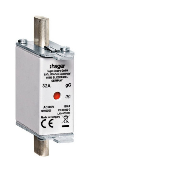 Hager LNH0032M NH-Sicherungseinsatz NH000 gG 500V 32A Kombi-Melder mit Metall-Grifflasche