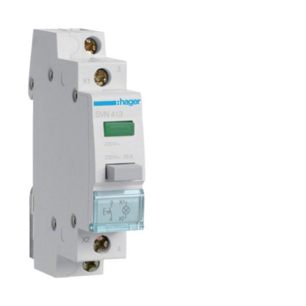 Hager SVN413 Druckschalter 16A 1 Schließer 230V AC mit Leuchtmelder grün 1PLE