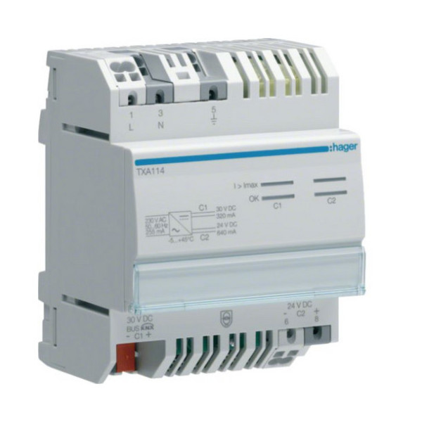 Hager TXA114 Spannungsversorgung KNX mit 1 Ausg. inkl. Drossel 320mA  1 Ausg. 24VDC, 640mA