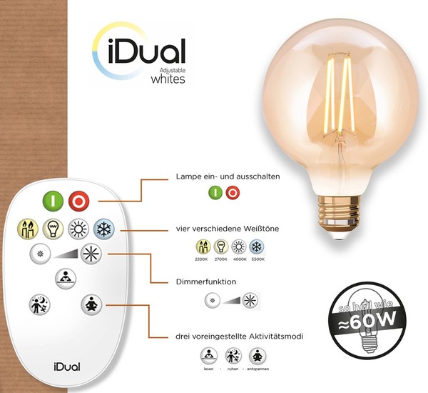 iDual LED Filament Lampe E27 2200-5500 K dimmbar G95 Globe 9W Fernbedienung Amber