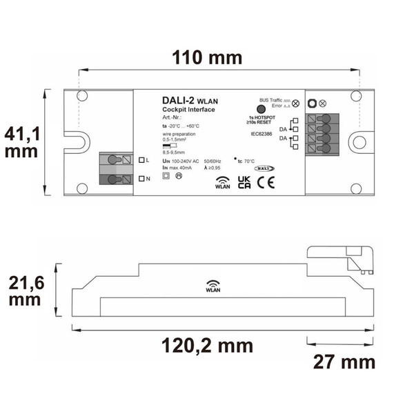 Isoled DALI-2 Interface WLAN zur DALI Bus Parametrierung mit Cockpit Windows-Software, 100-240V AC 116821