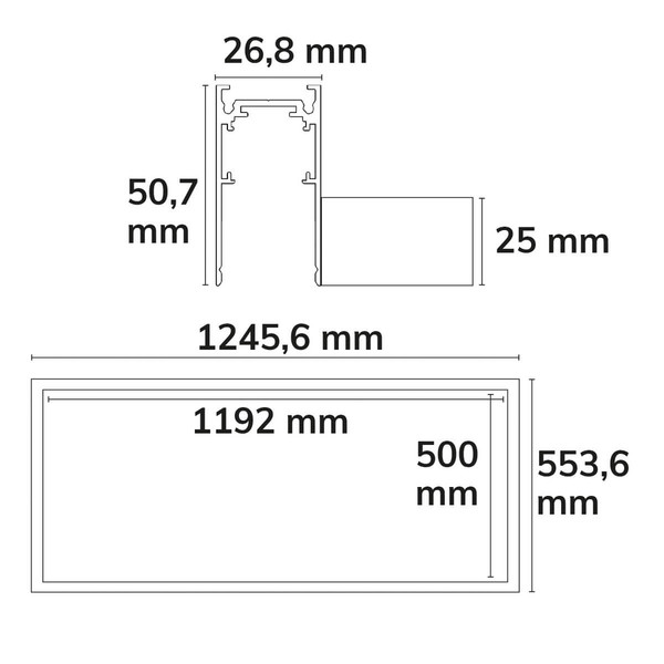 Isoled Track48 Leuchtenrahmen H50, Innenformat 500x1192 mm, weiß, exkl. Trafo, Montageclip/Seilabh. 116873
