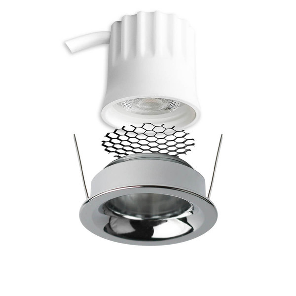 Isoled LED Einbaustrahler BACK32, alu glänzend, rund, 5W, CRI90, 2700K, rückversetzt, Honeycomb, dimmbar 117252