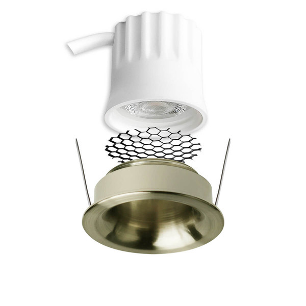 Isoled LED Einbaustrahler BACK32, messing geb., rund, 5W, CRI90, 3000K, rückversetzt, Honeycomb, dimmbar 117255