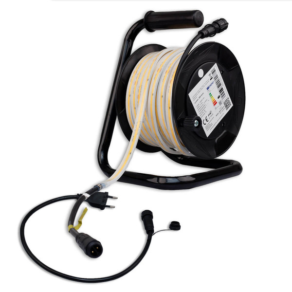 Isoled LED Flexband 230V COB, 12W/m, 15m Rolle auf Kabeltrommel, 3000K, CRI80, IP67, male/female Anschluss 117820