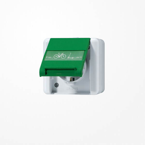 Jung 820GNNAWEB SCHUKO-Steckdose 16 A 250 V ~ mit E-Bike-Ladesymbol, mit Schriftfeld, Klappdeckel, WG 800, grau/grün (für SV)