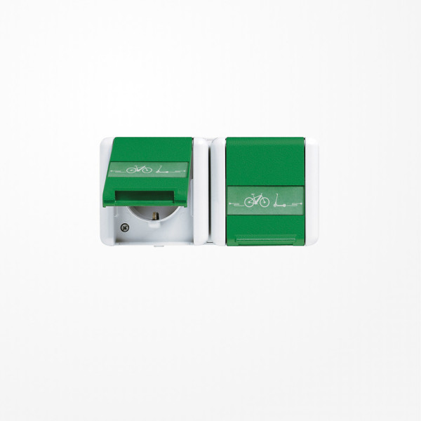 Jung 8220GNNAWEB SCHUKO-Zweifach-Steckdose, 16 A 250 V ~ mit E-Bike-Ladesymbol, mit Schriftfeld, waagerecht, IP 44, WG 800