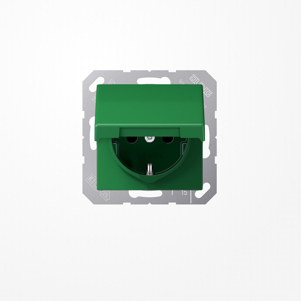 Jung AS1520BFKIKLGN SCHUKO-Steckdose, 16 A 250 V ~, SAFETY+, Klappdeckel, Thermoplast, Serie AS, grün (für SV)