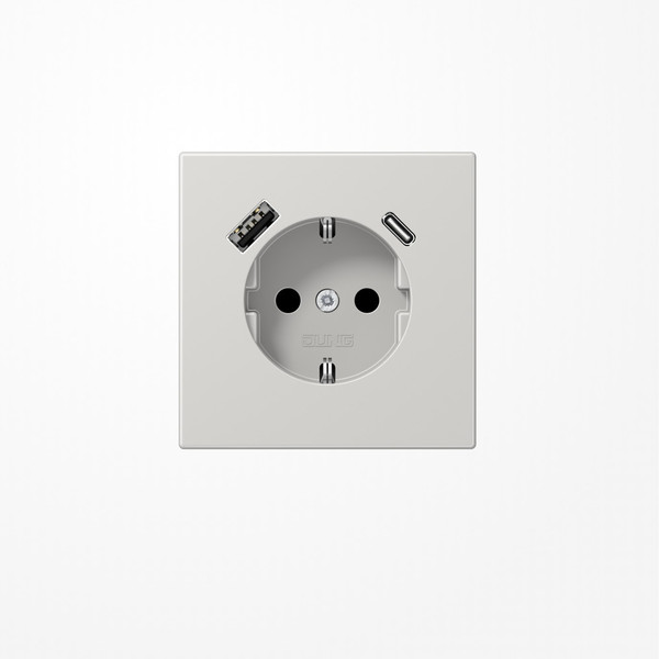 Jung LS1520-15CALG SCHUKO-Steckdose 16 A 250 V ~, mit USB-Ladegerät 1xTyp A + 1xTyp C, SAFETY+, Serie LS, lichtgrau