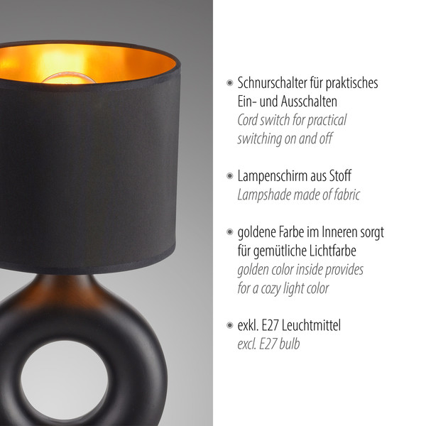 JUST LIGHT CARARA Tischleuchte E27 max. 25W schwarz 14193-18