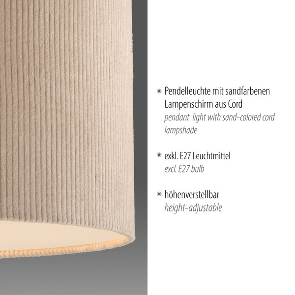 JUST LIGHT DURO Pendelleuchte E27 max. 10W sand 14892-39