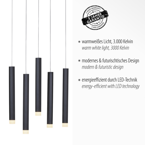 JUST LIGHT BRUNO LED Pendelleuchte Warmweiss 48W 10-fach schwarz 15206-18