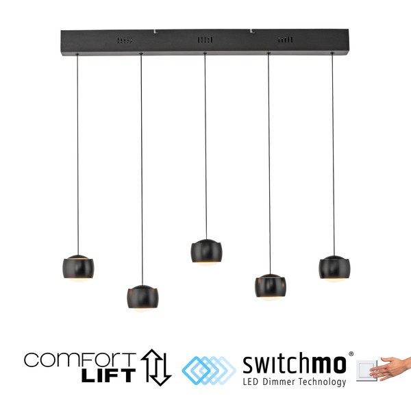 JUST LIGHT BALLINI LED Pendelleuchte Warmweiss Dimmbar 26W 5-fach schwarz 15262-18