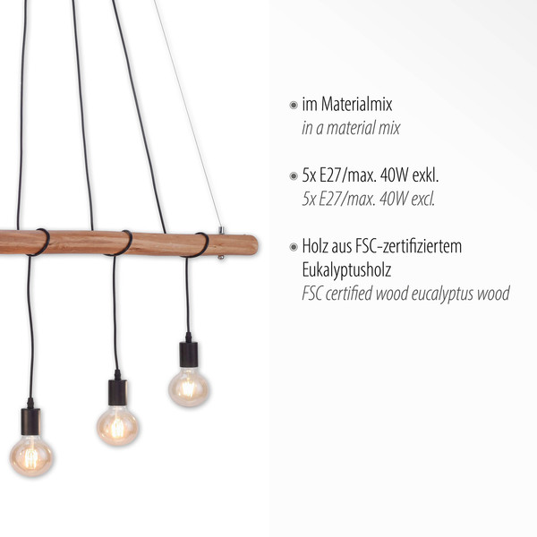 JUST LIGHT DAMIAN Pendelleuchte E27 max. 60W 5-fach schwarz 15515-18