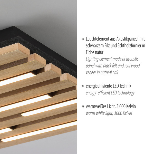 JUST LIGHT AKUSTIK LED Deckenleuchte Warmweiss 10W Holz-natur 15590-79