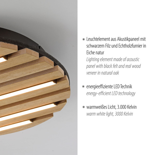 JUST LIGHT AKUSTIK LED Deckenleuchte Warmweiss 12W Holz-natur 15592-79
