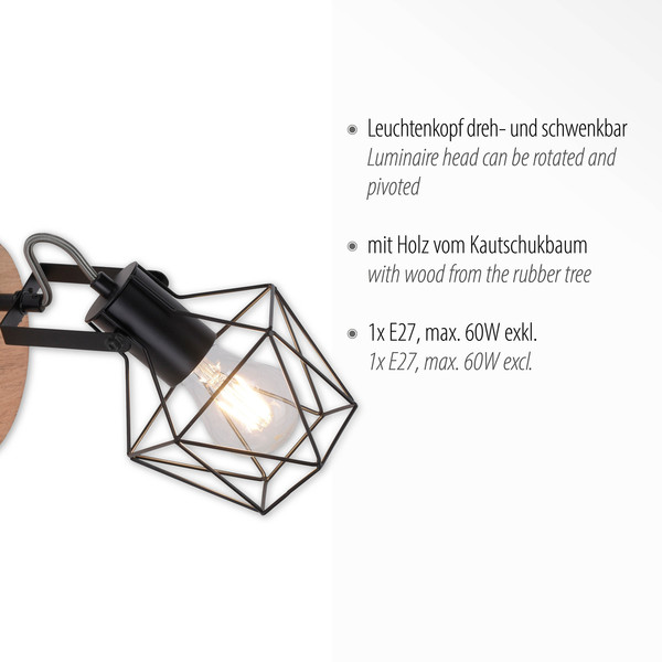 JUST LIGHT JARO Wandleuchte E27 max. 60W Holz-natur 15671-78