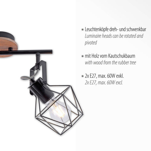 JUST LIGHT JARO Wand- und Deckenleuchte E27 max. 60W 2-fach Holz-natur 15672-78