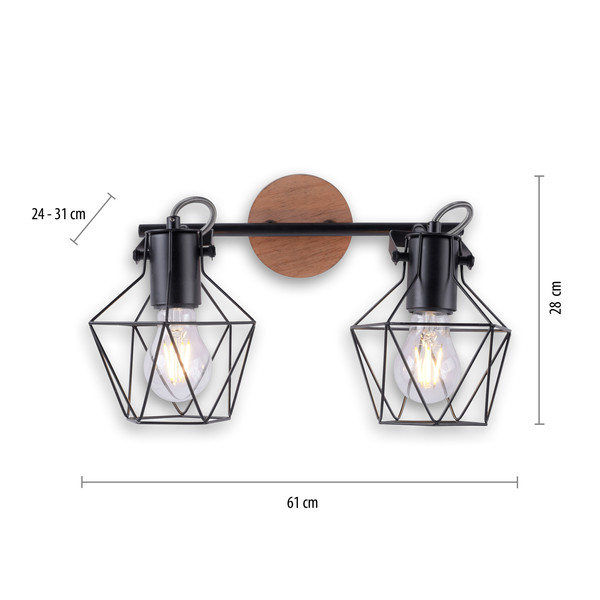 JUST LIGHT JARO Wand- und Deckenleuchte E27 max. 60W 2-fach Holz-natur 15672-78