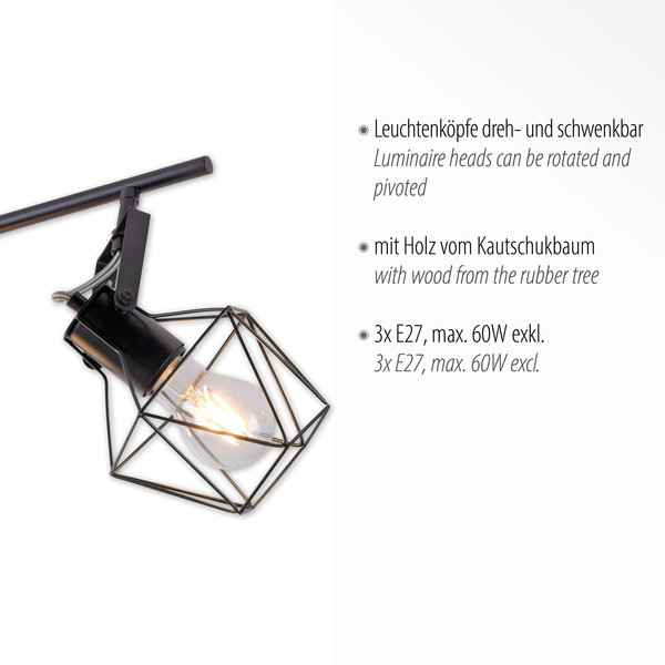 JUST LIGHT JARO Wand- und Deckenleuchte E27 max. 60W 3-fach Holz-natur 15673-78