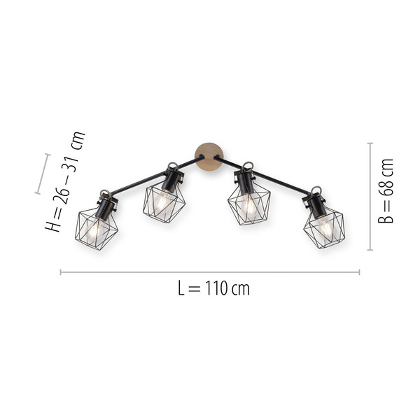 JUST LIGHT JARO Deckenleuchte E27 max. 60W 4-fach Holz-natur 15674-78