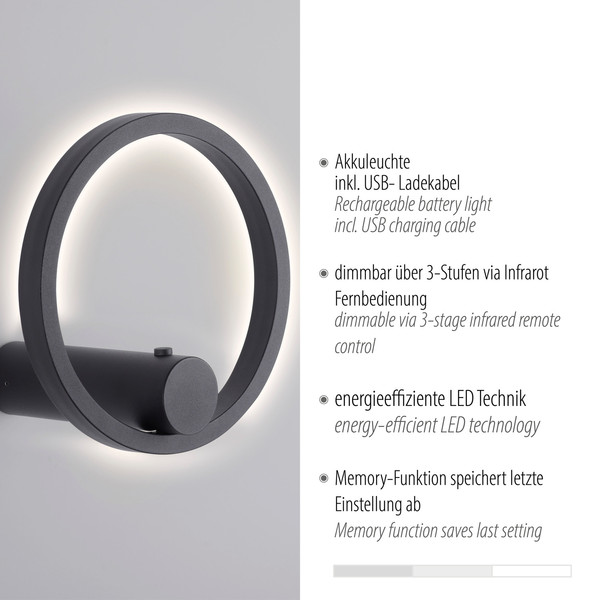 JUST LIGHT ARCHIE LED AKKU-Wandleuchte Warmweiss Dimmbar 6W anthrazit 18280-13
