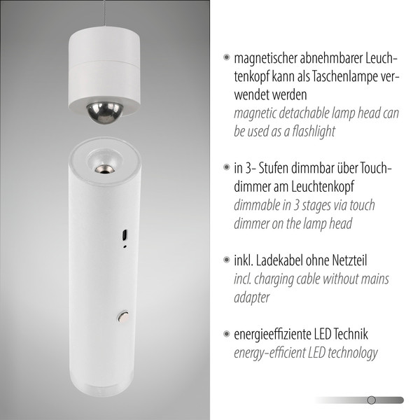 JUST LIGHT ATTACH LED AKKU-Pendelleuchte Warmweiss Dimmbar 3W weiss 18281-16