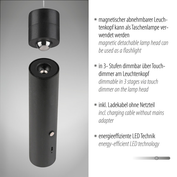 JUST LIGHT ATTACH LED AKKU-Pendelleuchte Warmweiss Dimmbar 3W schwarz 18281-18