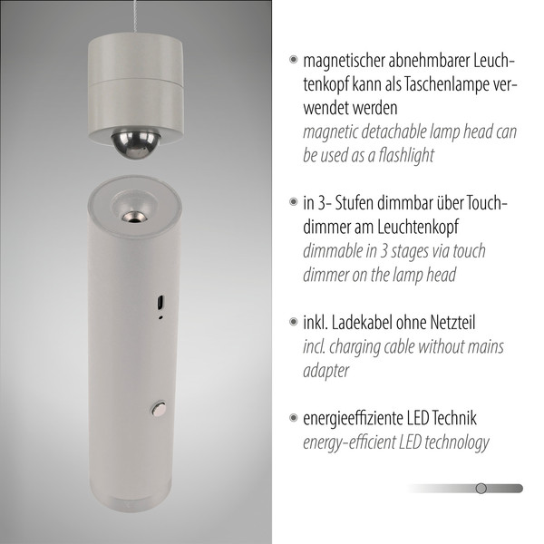 JUST LIGHT ATTACH LED AKKU-Pendelleuchte Warmweiss Dimmbar 3W greige 18281-40