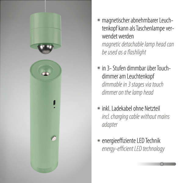 JUST LIGHT ATTACH LED AKKU-Pendelleuchte Warmweiss Dimmbar 3W grün 18281-43