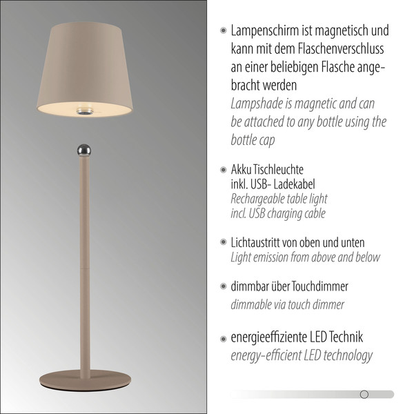 JUST LIGHT BOTERIA LED AKKU-Tischleuchte Warmweiss Dimmbar 2,5W sand IP54 19251-39