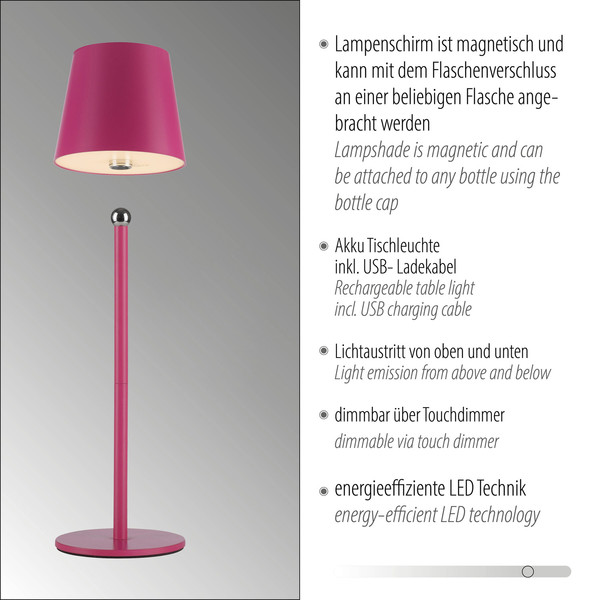 JUST LIGHT BOTERIA LED AKKU-Tischleuchte Warmweiss Dimmbar 2,5W pink IP54 19251-87