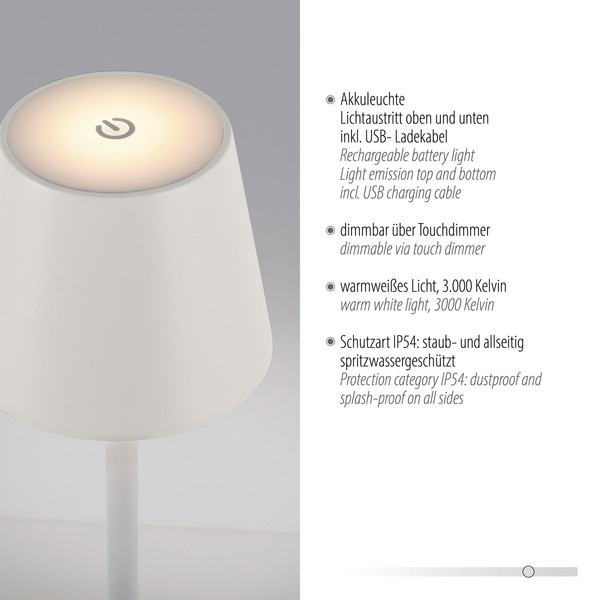 JUST LIGHT EURIA LED AKKU-Stehleuchte Warmweiss Dimmbar 2,5W weiss IP54 19252-16