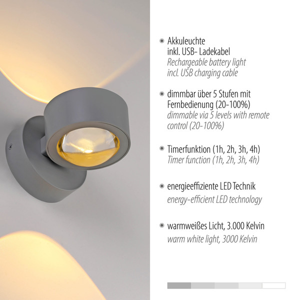 JUST LIGHT AKKU-CHIA LED AKKU-Wandleuchte Warmweiss Dimmbar 2W 2-fach silber 19330-21