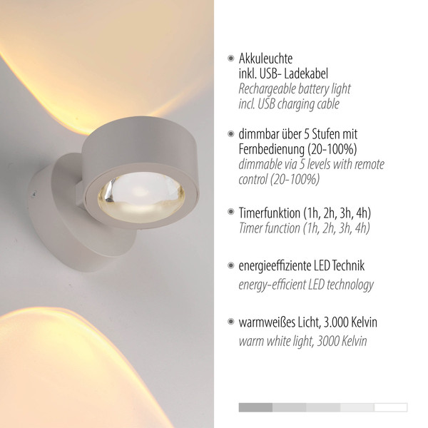 JUST LIGHT AKKU-CHIA LED AKKU-Wandleuchte Warmweiss Dimmbar 2W 2-fach Sandbrise 19330-39