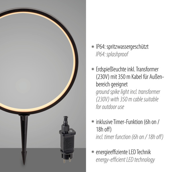 JUST LIGHT ZIRKULU LED Erdspießleuchte Warmweiss 2,2W schwarz IP65 19510-18