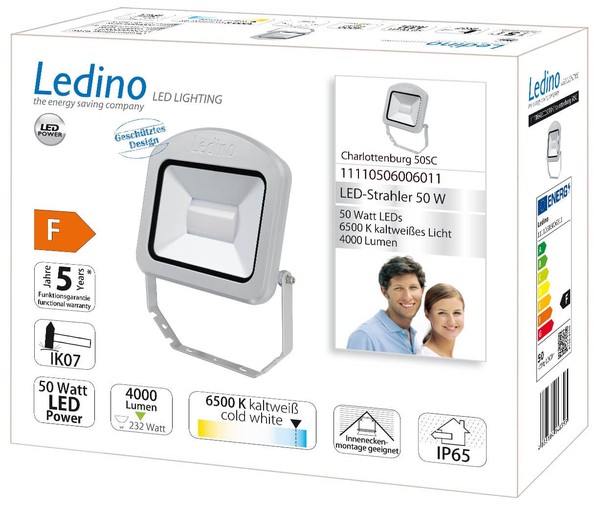 Ledino LED-Strahler Charlottenburg Flutlicht 50SC, 50W, 6500K, silber tageslichtweiss